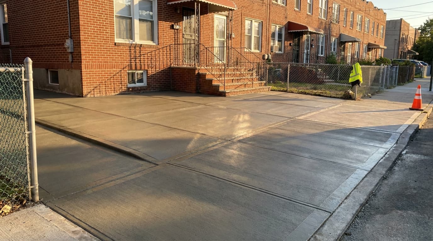 Freshly poured concrete driveway and walkway in front of a Bronx brick home